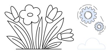 Yapraklı ve yapraklı çiçek buketi dişli çarklar ve bir bulut eşliğinde. Konseptler için idealdir. Doğa, teknoloji, sürdürülebilirlik, yenilik, büyüme, uyum, denge. Basit düz metafor
