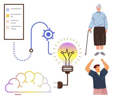 Aydınlatılmış fikirlere giden ağ yolu, bastonlu yaşlı bir kadın ve kollarını kaldıran neşeli bir adamla birlikte. Teknoloji, ilham, ilerleme, eğitim, kapsayıcılık ve takım çalışması için ideal