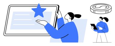 Bir tabletle etkileşime geçen kişi, bir yıldızı geri bildirim olarak vurguluyor. Dijital ekonomiyi vurgulayan bir tablet ve madeni para tutuyor. Değerlendirme, geri bildirim, kullanıcı arayüzü, derecelendirme için ideal