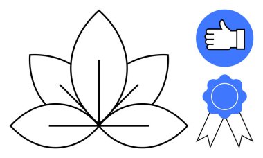 Nilüfer çiçeği, mavi baş parmak ikonu ve kurdeleli ödül rozeti. Sağlık, onay, sertifika, ödül, farkındalık, kalite güvencesi için ideal
