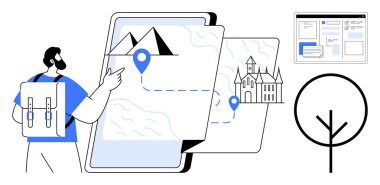 Sırt çantalı biri, bir dağ ve kale arasındaki yolculuğu gösteren dijital bir haritayla etkileşime girer. Arayüz tasarımı, ağaç, navigasyon ve yollar dahil. Seyahat, keşif ve planlama için ideal.