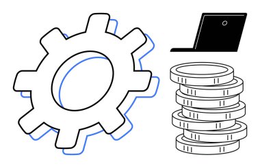 Vites çizimi, bozuk para yığını ve dizüstü bilgisayar asgari tasarım ile birbirine bağlı. İş, işletme, teknoloji, finans, mühendislik, uzaktan çalışma ve üretkenlik için idealdir. Basit düz metafor