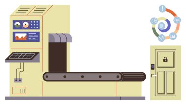 Metrik ekranlı bir teknoloji kontrol panelinin yanında taşıma bandı, güvenli kilitli bir kapı ve döngüsel işlem simgeleri. Otomasyon, üretim, lojistik, teknoloji, güvenlik, iş akışı için ideal basit