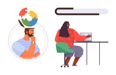 Dizüstü bilgisayarda çalışan bir kadın, bulmaca fikri olan bir adam, ilerleme çubuğu kaplaması. Takım çalışması, problem çözme, odaklanma, fikir üretimi, strateji üretkenliği için ideal. Basit düz metafor