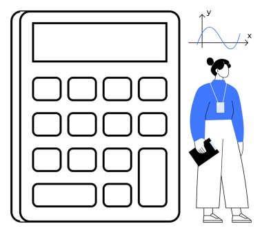 Büyük hesap makinesi, sinüs dalgalı grafik ve elinde pano tutan ayakta duran bir kadın. Eğitim, veri analizi, finans, istatistik, okul projeleri, basit düz metaforlar için ideal