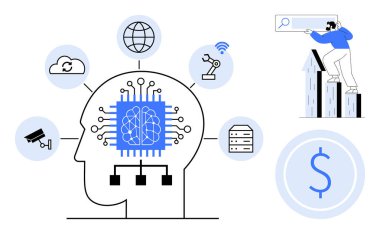 Yapay zeka çipli insan kafası silueti, bulut bilgisayarı, robot bilimi, siber güvenlik ve veri depolama ikonları ile çevrili. Verileri ve finansal büyümeyi analiz eden bir iş adamı. Yapay zeka ve yenilik için ideal