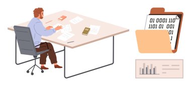 Masadaki evrakları inceleyen adam kitaplar, kalemler, dosyalar ve ikili veri içeren klasörleri inceliyor. Veri analizi, kodlama, ofis verimliliği, iş dünyası, araştırma planlaması için ideal basit düz metafor