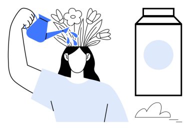 Kafasından çiçek açan bir kadın minimalist süt kutusu ve yumuşak bulutların yanında büyüyor. Kişisel bakım, farkındalık, yaratıcılık, kişisel büyüme, refah, zihinsel sağlık, basit