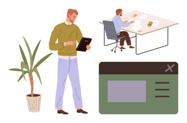 Tablet okuyan biri, evraklı bir masada çalışan biri, yeşil pencere arayüzü, yakınlardaki bir tesis. İşbirliği için ideal, üretkenlik, uzak çalışma, otomasyon, yaratıcılık yeniliği basit