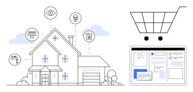 Ev, online alışveriş arabası ve arayüz ekranının yanında aydınlatma, ısıtma ve güvenlik için akıllı cihazlara bağlı. Akıllı teknoloji için ideal, ev otomasyonu, e-ticaret, siber güvenlik, IOT
