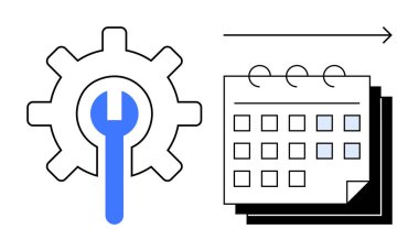 Takvim ve oku temsil eden mavi anahtarlı vites, görev yönetimi ve işlem optimizasyonu. Üretkenlik, planlama, strateji, organizasyon, kalkınma için ideal