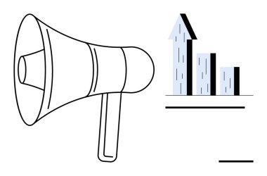 Megafon ve yükselen bar grafiği iletişimi, büyümeyi ve stratejiyi sembolize eder. Pazarlama, reklam, iş stratejisi, geliştirme, satış, tanıtım iletişimi için ideal basit bir iniş sayfası