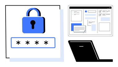 Güvenlik önemini vurgulayan parola alanı, dizüstü bilgisayar ve kullanıcı arayüzü ekranlı asma kilit. Siber güvenlik, çevrimiçi koruma, kimlik doğrulama, gizlilik, teknoloji, veri güvenliği için ideal basit düz metafor