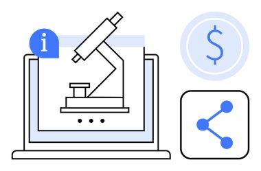 Dizüstü bilgisayarda mikroskop, bilgi simgesi, dolar işareti ve paylaşım sembolü. Bilim, eğitim, araştırma, finans, teknoloji yeniliği tıp çalışmaları için idealdir. Basit iniş sayfası