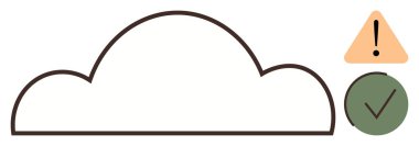 Üzerinde üçgen uyarı ve dairesel işaret simgeleri olan bulut çizgisi. Bulut hesaplama, veri güvenliği, risk yönetimi, bilişim işlemleri, sistem durumu, karar verme mekanizması, basit düz metafor