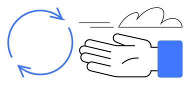 Mavi dairesel oklar, rüzgârın savurduğu el hareketi ve bulut şekli yenilenmeyi, sürdürülebilirliği ve çevre dostu süreçleri sembolize ediyor. Ekoloji, iş, yenilik, geri dönüşüm süreci için ideal