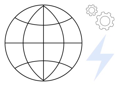 Kesişen çizgiler, iki vites ve küresel ağ, teknoloji, enerji ve yenilikleri temsil eden bir yıldırım. Teknoloji, enerji ve ağ geliştirme mühendisliği için ideal.