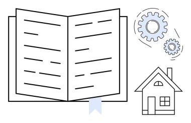 Bir kitap ayracı, fikirleri ve yaratıcılığı sembolize eden vitesler ve basit bir ev ikonu olan açık bir kitap. Eğitim, yenilik, planlama, bilgi, ev eğitimi, üretkenlik için ideal düz metafor