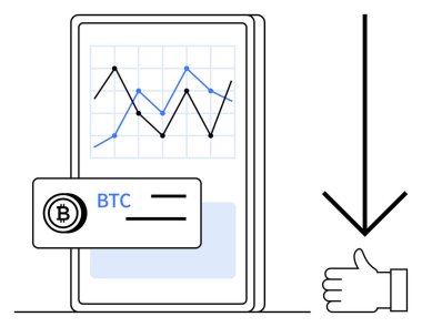 Değişen finansal grafiği olan mobil ekran, ticaret için Bitcoin simgesi, onay için baş parmak ve trendler için aşağı ok. Finans, yatırım, kripto para birimi ve piyasa analizi için ideal