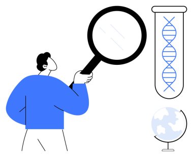 Büyüteç tutan erkek figürü, test tüpündeki çift sarmallı DNA 'yı analiz ediyor. Bilim, araştırma, genetik, eğitim, biyoloji, yenilik keşfi için idealdir. Basit düz metafor