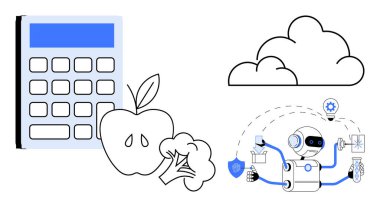 Hesap makinesi, elma, brokoli, bulut ve robot otomatikleştirme görevleri. Sağlık, yapay zeka, teknoloji beslenme diyet planlama ve verimlilik temaları için idealdir. Basit düz metafor