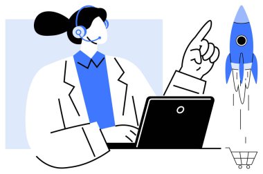 Profesyonel kulaklık takmış, dizüstü bilgisayarı roket ve arabayı işaret ediyor. Ekommerce, yenilik, girişim, destek, büyüme, çevrimiçi alışveriş, iş stratejisi temaları için idealdir. Basit düz metafor