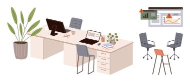 Masa, dizüstü bilgisayarlar, sandalyeler, bitki, kahve, kitaplar ve analitik ekranlar. Takım çalışması için ideal, üretkenlik uzaktan çalışma iş planlaması işbirliği veri görselleştirmesi