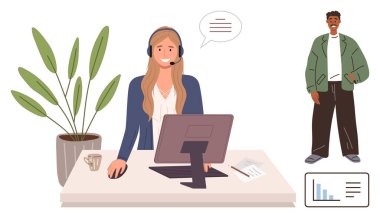 Masada kulaklıkla gülümseyen, bilgisayar aracılığıyla etkileşime giren bir ajan. En yakın müvekkil soruşturmayı sürdürüyor. Çevrimiçi iletişim, müşteri hizmetleri, takım çalışması, profesyonellik, uzaktan çalışma, ofis için ideal