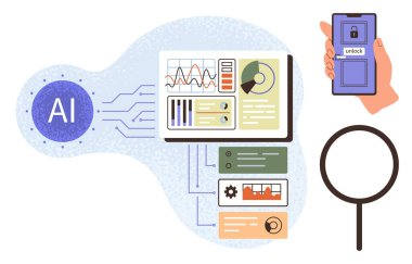 Çizelgeleri ve diyagramları olan yapay zeka destekli bir gösterge paneli, ekranı açan bir akıllı telefon ve bir büyüteç. Teknoloji için ideal, yapay zeka, yenilik, analitik, mobil güvenlik
