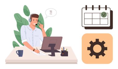 Kulaklık takan ofis çalışanı bilgisayar, kupa ve bitki ile masada iletişim kuruyor. Takvim ve teçhizat, takvim, verimlilik, planlama ve takım çalışmasını temsil ediyor. Müşteri hizmetleri için ideal