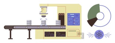 Taşıyıcıdaki robotik kol işlemeli nesneleri birleştirin. Veri analiz şeması ve atom bilimi ikonu. Otomasyon, endüstri, robotik, bilim, teknoloji, üretim, yenilik için ideal