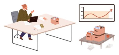 Dizüstü bilgisayarı, dosyaları ve belgeleri olan bir işçi. Çizelge gösteriminde artış eğilimi. Yakınlarda dosya kutuları var. İş büyümesi, analitik, işyeri verimliliği, strateji verimliliği için ideal