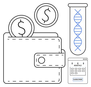 Cüzdanda bozuk para, test tüpünde DNA ipliği, abonelik takvimi. Finans, abonelik, bilim finansmanı, genetik hizmetler, kişisel bütçeleme, sağlık hizmetleri basit düz metafor