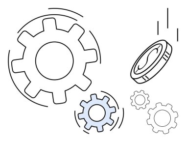 Hareket halindeki dişliler ve düşen bozuk para yenilik, takım çalışması, üretkenlik, mali büyüme, strateji, sistem optimizasyonu ve teknolojik gelişimi temsil eder. İş sunumları için ideal