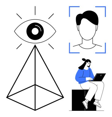 Geometrik piramit, göz, yüz tarama çerçevesi ve dizüstü bilgisayar kullanan kişi. Teknoloji, yapay zeka, gözetim, mahremiyet, yaratıcılık veri analizi ve modern yenilik için idealdir. Basit düz metafor