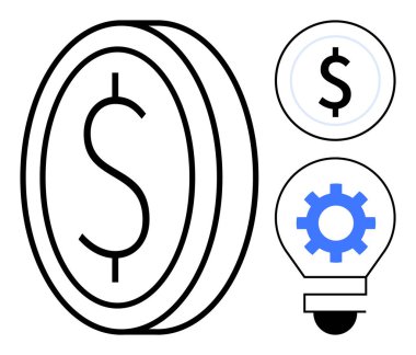 Dolar bozuk para, ampul teçhizatı, daha küçük bozuk para sistemi. Finans, yenilik, ekonomi, yatırım, iş stratejisi, teknoloji girişimciliği için idealdir. Basit düz için minimalist tasarım