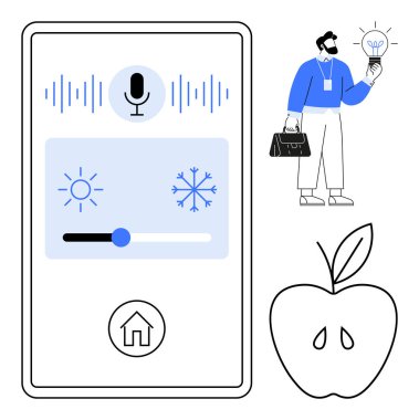 Mikrofon ve ev simgeleriyle iklim kontrolünü gösteren mobil uygulama, ampul ve elma tutan adam. Teknoloji, yenilik, ev otomasyonu, enerji tasarrufu, minimal tasarım, yaratıcılık için ideal