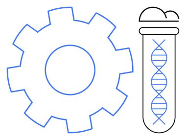 Test tüpündeki dişli ve DNA iplikleri teknoloji ve biyolojiyi birleştiriyor. Biyoteknoloji, yenilik, araştırma, bilim, genetik mühendislik, laboratuvar süreçleri ve teknoloji entegrasyon temaları için idealdir. Basit.