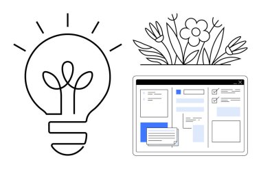 Işık yayan ampuller, görev ve notlarla dijital arayüz, çiçek ve yapraklar. Yaratıcılık, ilham, yenilik, üretkenlik, doğa bağlantısı, çevre dostu teknoloji için ideal