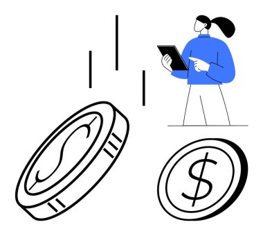 Elinde tablet bulunan kadın, verileri büyük madeni paralar ve grafik çizgileriyle inceleyerek finans ve teknolojiyi sembolize ediyor. Fintech, analitik, yatırım, planlama, ekonomi, büyüme, basit iniş sayfası için ideal