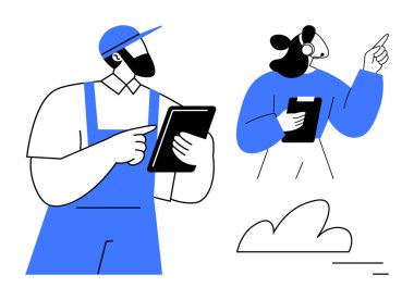 Biri tulumlu, diğeri kulaklıklı olmak üzere iki profesyonel tablet kullanıyor. Takım çalışması, uzaktan çalışma, lojistik, teknoloji entegrasyonu, koçluk, yaratıcı işbirliği, basit iniş için ideal