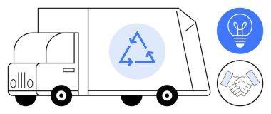 Konteynırında üçgen yeniden kullanım sembolü olan geri dönüşüm kamyonu, yeniliği temsil eden ampul ve işbirliğini sembolize eden el sıkışma. Sürdürülebilirlik, takım çalışması, yenilik ve geri dönüşüm için ideal