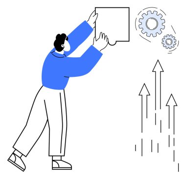 Boş bir tahtayı takım çalışmasını ve mekanizmayı sembolize eden viteslerle ayarlayan kişi, büyüme ve ilerlemeyi gösteren oklar. Strateji, yenilik, liderlik, takım çalışması, başarı ve iş için ideal