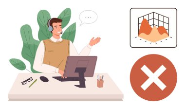 Bilgisayarla çalışırken kulaklıklı bir adam konuşuyor. Çizelge ve hata sembolü veri analiz konularını iletir. Müşteri desteği, sorun giderme, çevrimiçi iletişim, veri hataları, kullanıcı