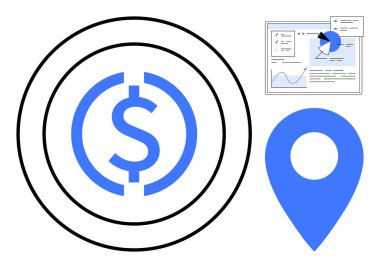 Merkezi dolar işareti eşmerkezli daireler, grafikli veri paneli ve konum simgesi ile çevrili. Finans, iş stratejisi, veri takibi, mobil uygulamalar, yatırım planlaması için ideal