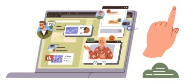 Katılımcılar, sohbet mesajları, grafikler ve verilerle dolu bir laptop ekranı. Elin içerikle etkileşimi. Uzak çalışma, çevrimiçi toplantılar, iletişim, etkileşim işbirliği için ideal