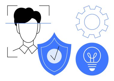 Yüz tanıma programının içindeki insan yüzü, işaretli kalkan, dişli ve ampullü. Yenilik için ideal, teknoloji güvenliği, yapay zeka, fikir üretimi, problem çözme güvenliği basit iniş sayfası