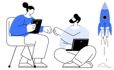 İki iş arkadaşı bir roket fırlatılırken tablet ve dizüstü bilgisayar kullanarak yumruk tokuşturuyor. Takım çalışması, yenilik, liderlik, teknoloji, beyin fırtınası, iş büyüme motivasyonu için idealdir. Basit düz