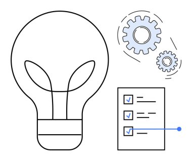 Ampul, vites ve kontrol listesi yaratıcılığı, problem çözmeyi, üretkenliği ve planlamayı gösteriyor. Yenilik, iş akışı, organizasyon hedefleri takım çalışması için ideal basit düz metafor