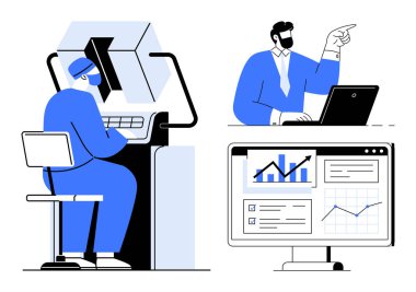 Programcı iş yerinde yazılım geliştiriyor, yönetici görüşleri tartışıyor, veri tabloları ekranda. Takım çalışması için ideal, teknoloji, üretkenlik, analitik, iş stratejisi, işbirliği basit